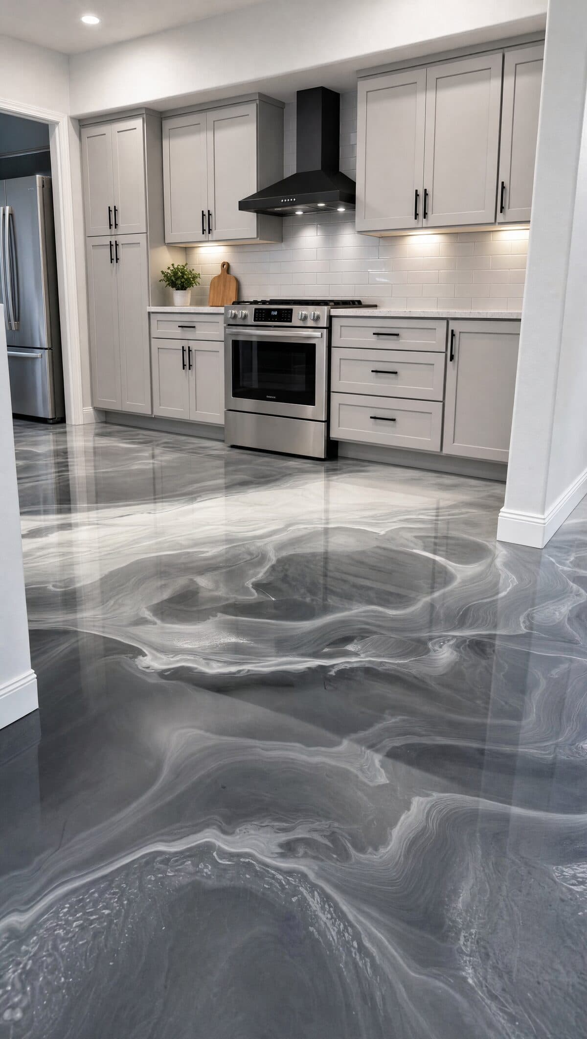 Metallic epoxy kitchen floor in Las Vegas home with silver swirl pattern, white cabinets and stainless appliances — installed by ProShield Epoxy